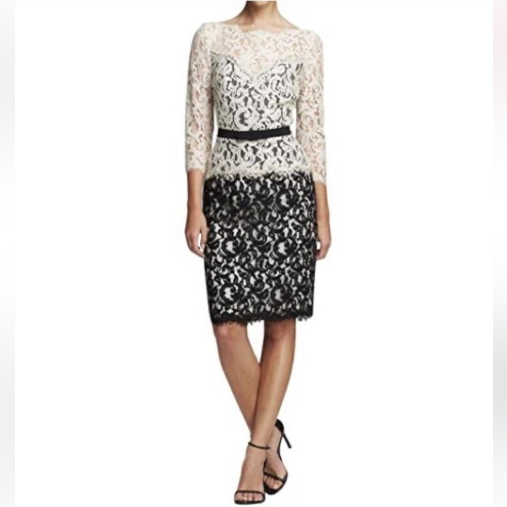 Tadashi Shoji Cream and Navy Petite Lace Midi Dress 6P